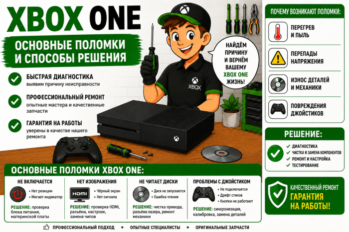 Основные поломки Xbox One – не включается, нет изображения, не читает диски, джойстики 